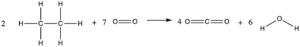Complete combustion reaction of C2H6, ethane.