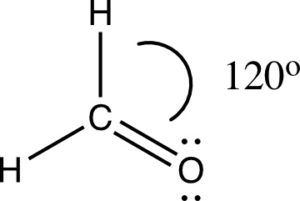 Lewis structure of the trigonal planar acetaldehyde.  Bond angles are 120 degrees.